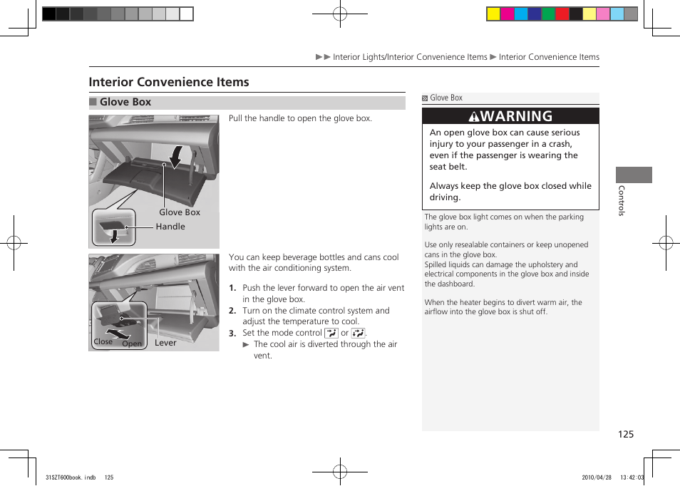 P.125, Warning, Interior convenience items | 2011 cr-z | HONDA 2011 CR-Z User Manual | Page 126 / 332