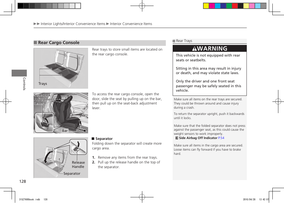 P.128, Warning, 2011 cr-z | HONDA 2011 CR-Z User Manual | Page 129 / 332