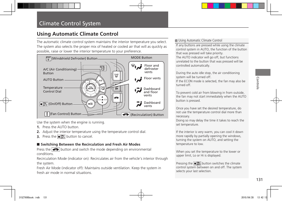 P.131, Climate control system, Using automatic climate control | 2011 cr-z | HONDA 2011 CR-Z User Manual | Page 132 / 332