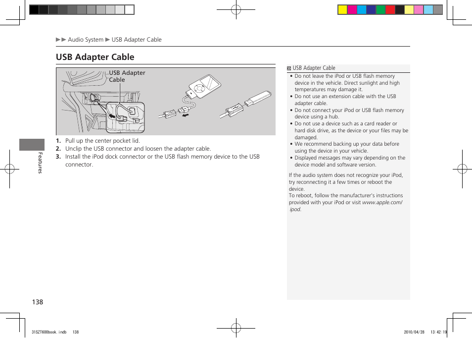 P.138, Usb adapter cable, 2011 cr-z | HONDA 2011 CR-Z User Manual | Page 139 / 332