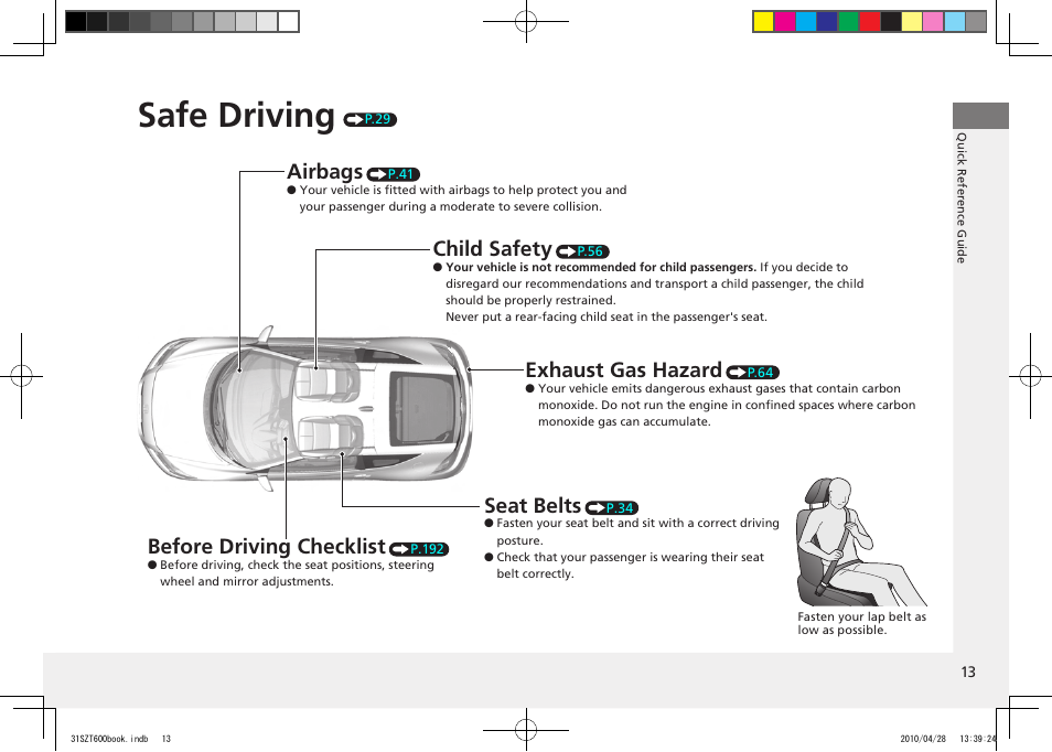 Safe driving, Before driving checklist, Airbags | Seat belts, Child safety, Exhaust gas hazard, 2011 cr-z | HONDA 2011 CR-Z User Manual | Page 14 / 332