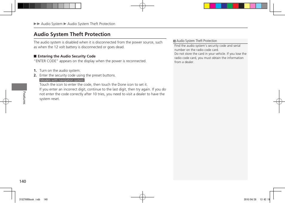 Audio system theft protection, 2011 cr-z | HONDA 2011 CR-Z User Manual | Page 141 / 332