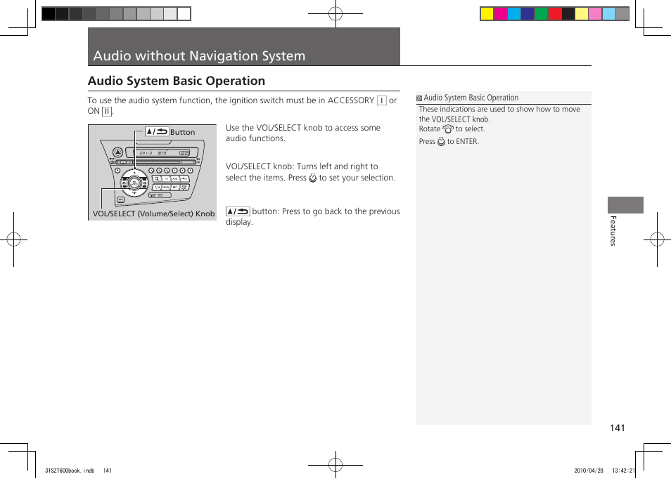 P.141, 151, Audio without navigation system, Audio system basic operation | 2011 cr-z | HONDA 2011 CR-Z User Manual | Page 142 / 332