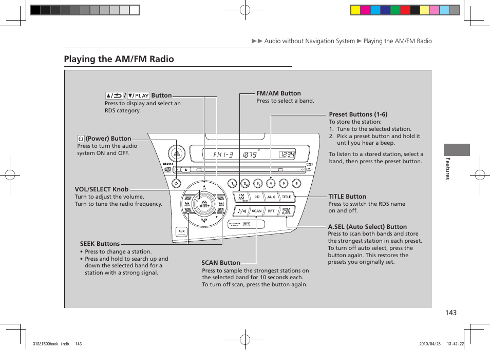 Playing the am/fm radio, 2011 cr-z | HONDA 2011 CR-Z User Manual | Page 144 / 332
