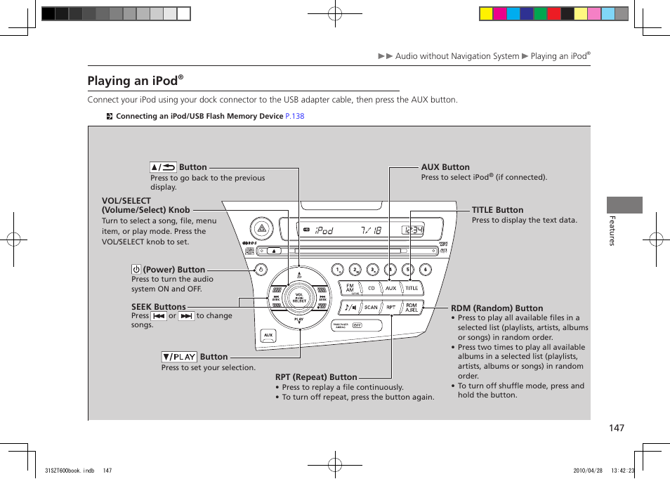Playing an ipod, 2011 cr-z | HONDA 2011 CR-Z User Manual | Page 148 / 332