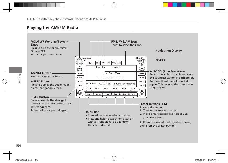 Playing the am/fm radio, 2011 cr-z | HONDA 2011 CR-Z User Manual | Page 155 / 332