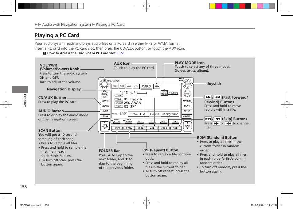 Playing a pc card, 2011 cr-z | HONDA 2011 CR-Z User Manual | Page 159 / 332