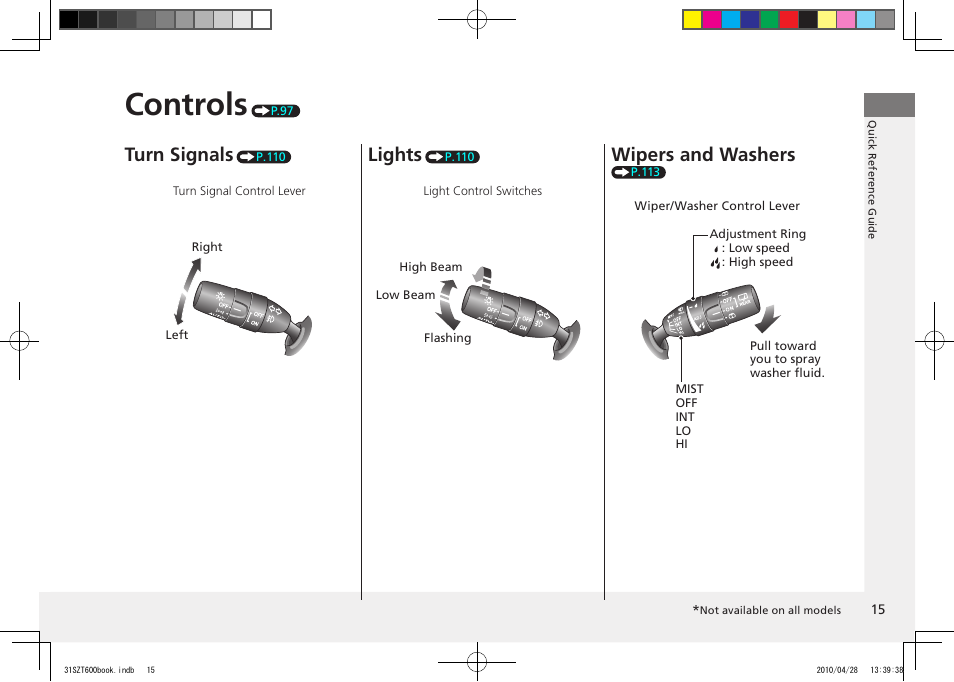 Controls, Turn signals, Lights | Wipers and washers, 2011 cr-z | HONDA 2011 CR-Z User Manual | Page 16 / 332