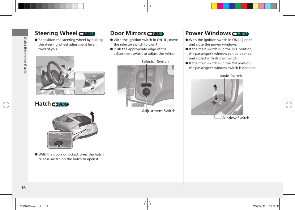 Steering wheel, Hatch, Door mirrors | Power windows, 2011 cr-z | HONDA 2011 CR-Z User Manual | Page 17 / 332