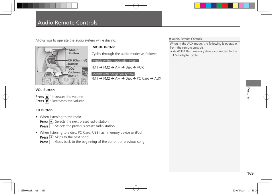 P.169, Audio remote controls, 2011 cr-z | HONDA 2011 CR-Z User Manual | Page 170 / 332