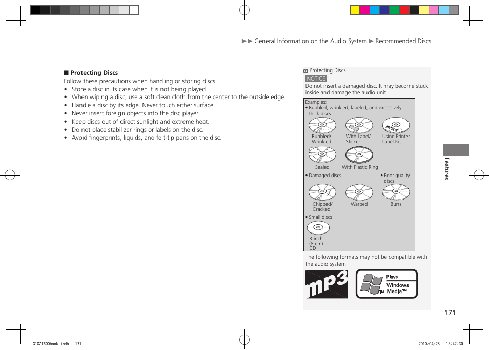 Protecting discs, P.171, 2011 cr-z | HONDA 2011 CR-Z User Manual | Page 172 / 332
