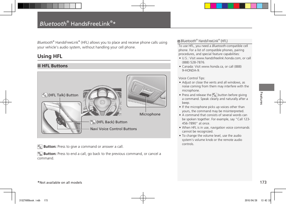 P.173, Bluetooth, Handsfreelink | Using hfl, 2011 cr-z, Hfl buttons | HONDA 2011 CR-Z User Manual | Page 174 / 332