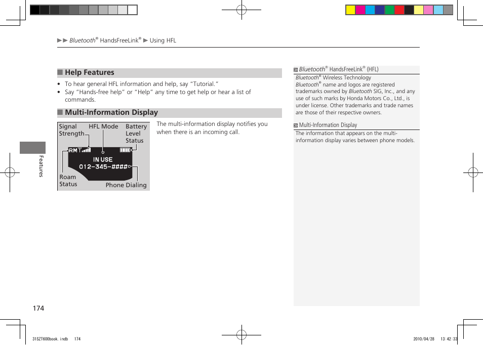 2011 cr-z, Help features, Multi-information display | HONDA 2011 CR-Z User Manual | Page 175 / 332
