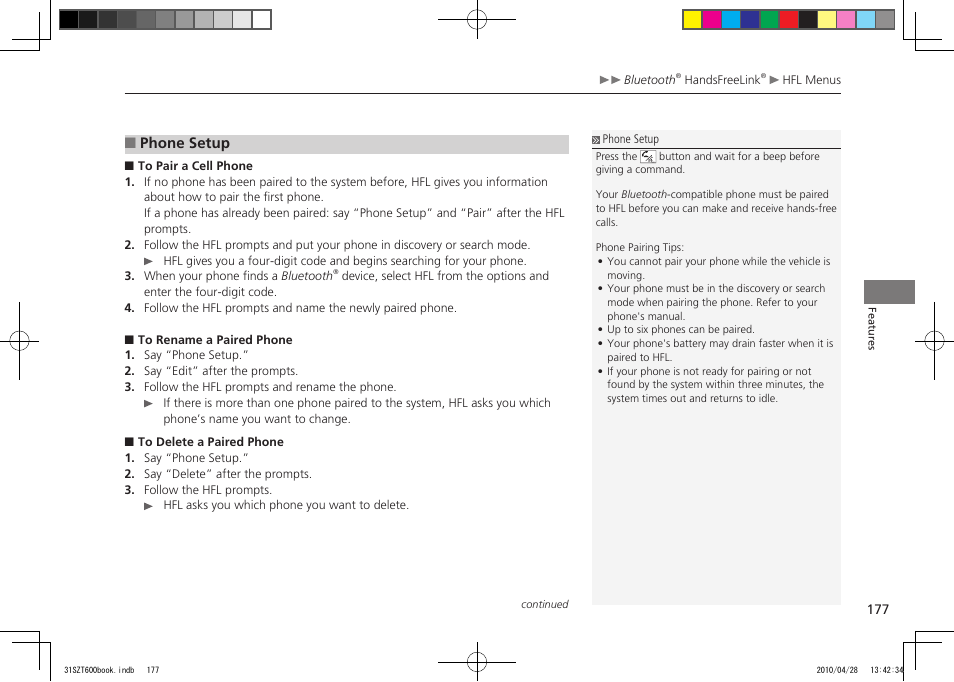 2011 cr-z, Phone setup | HONDA 2011 CR-Z User Manual | Page 178 / 332