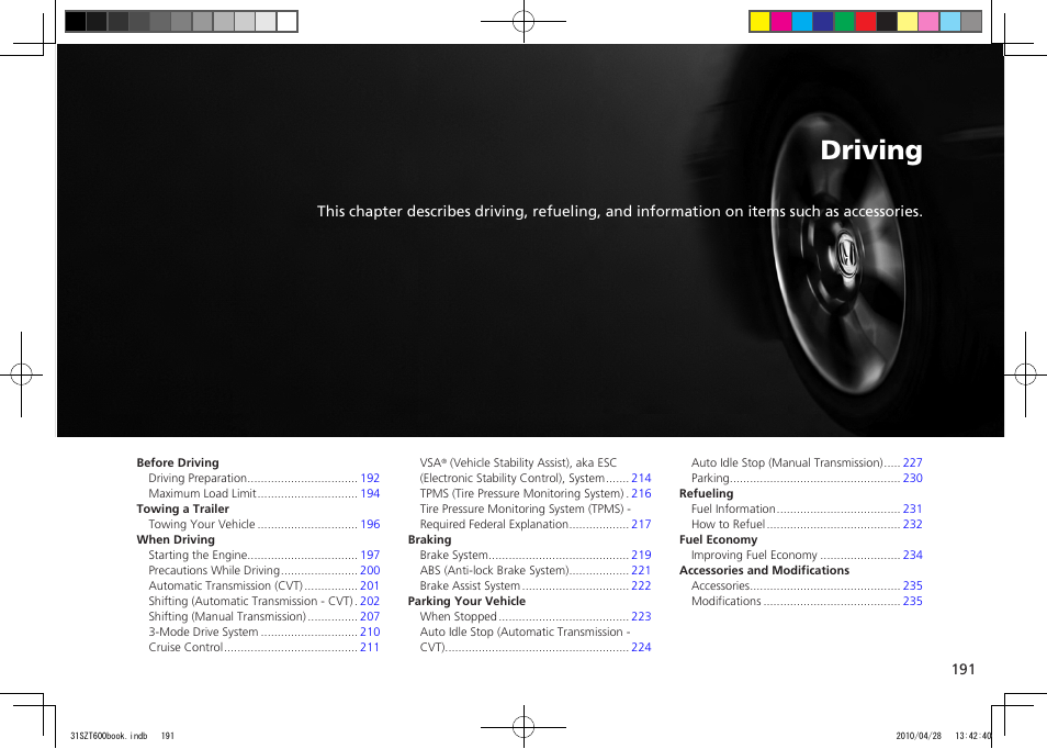 P.191, Driving, 2011 cr-z | HONDA 2011 CR-Z User Manual | Page 192 / 332
