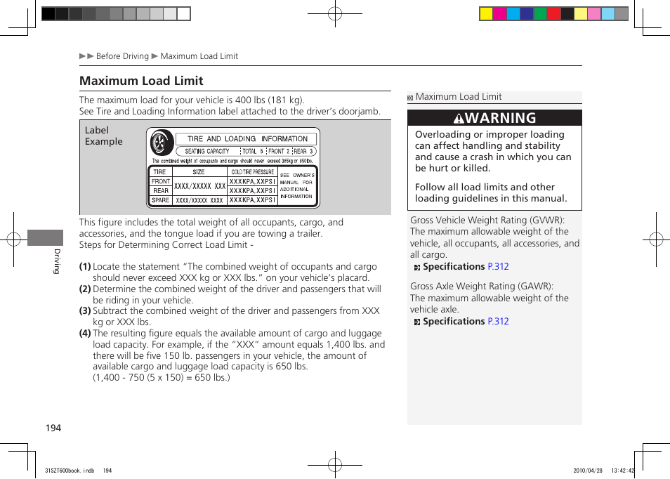 Maximum load limit, P.194, Warning | HONDA 2011 CR-Z User Manual | Page 195 / 332