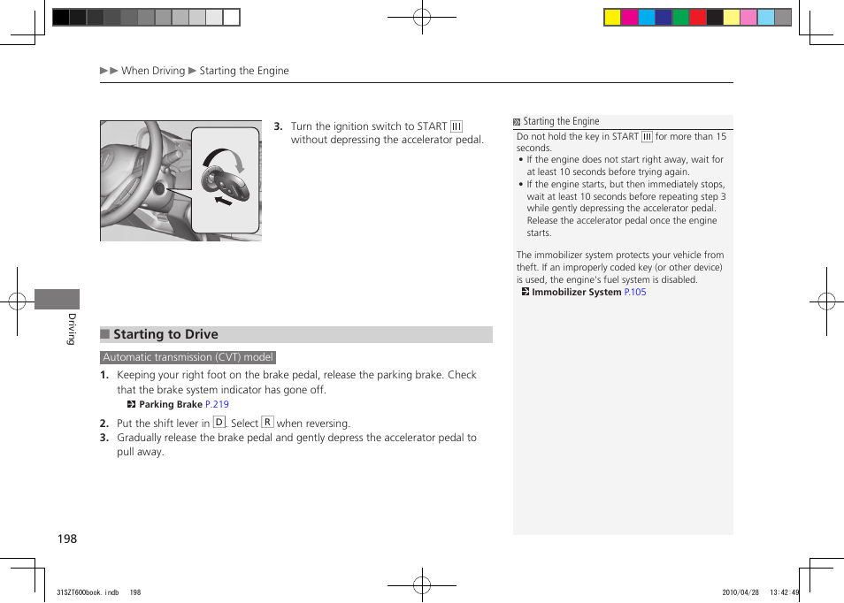 2011 cr-z, Starting to drive | HONDA 2011 CR-Z User Manual | Page 199 / 332