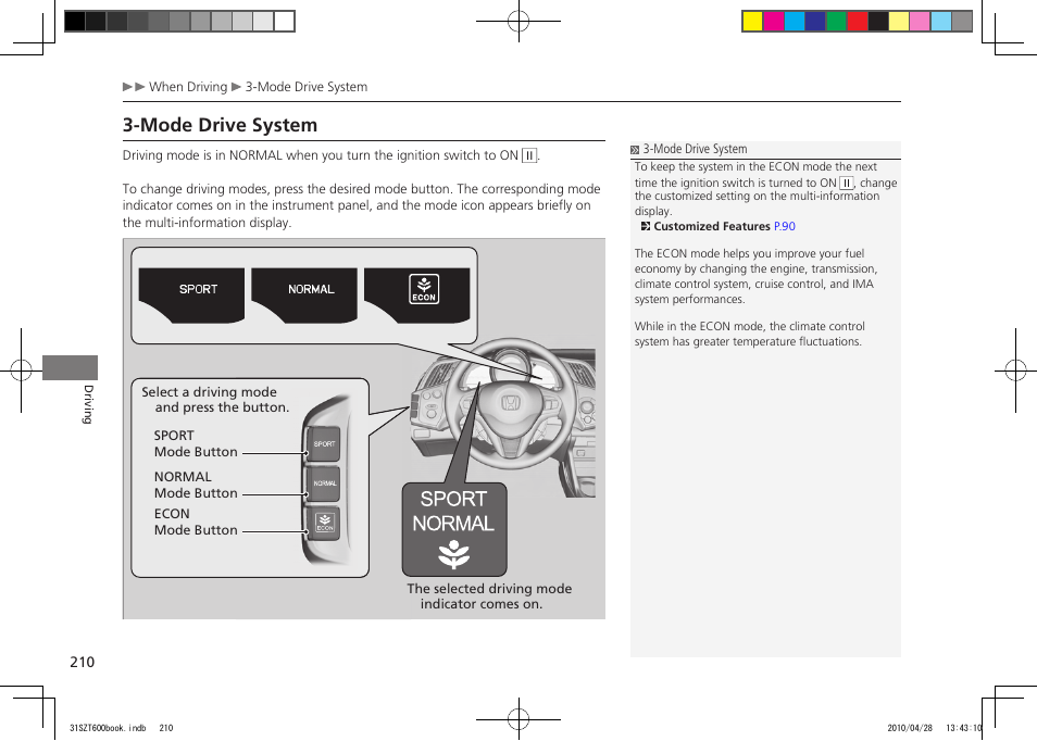 P.210, Mode drive system, 2011 cr-z | HONDA 2011 CR-Z User Manual | Page 211 / 332