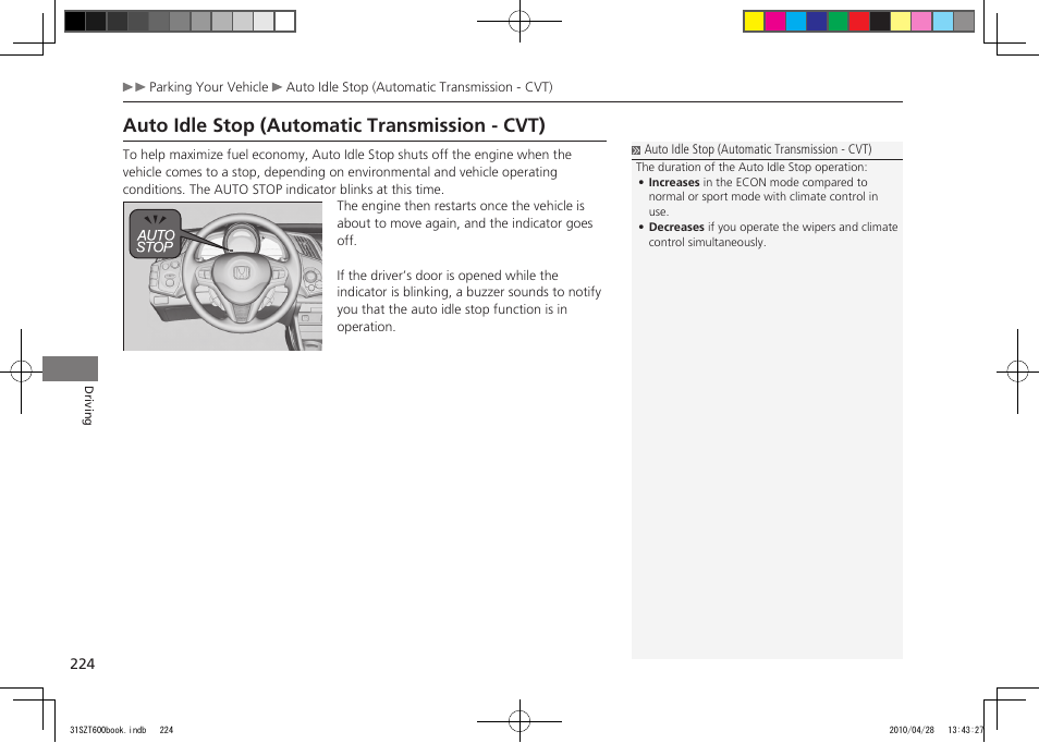 Auto idle stop, P.224, 227, Auto idle stop (automatic transmission - cvt) | 2011 cr-z | HONDA 2011 CR-Z User Manual | Page 225 / 332
