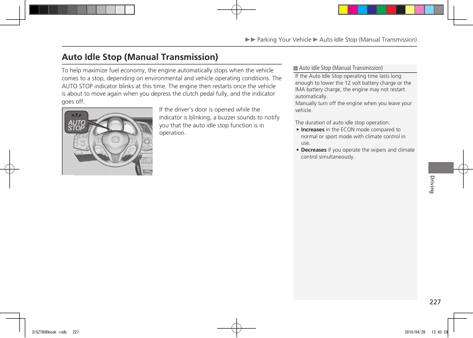 Auto idle stop, P.227, Auto idle stop (manual transmission) | 2011 cr-z | HONDA 2011 CR-Z User Manual | Page 228 / 332