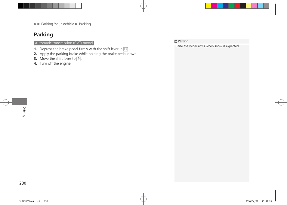 Parking, 2011 cr-z | HONDA 2011 CR-Z User Manual | Page 231 / 332