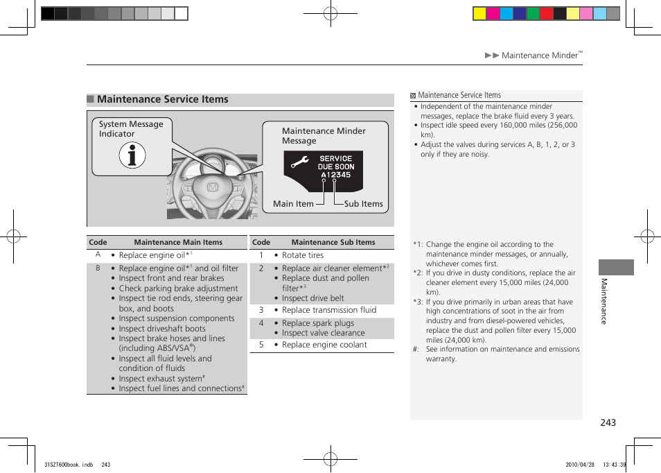 Maintenance service items, P.243, 2011 cr-z | HONDA 2011 CR-Z User Manual | Page 244 / 332