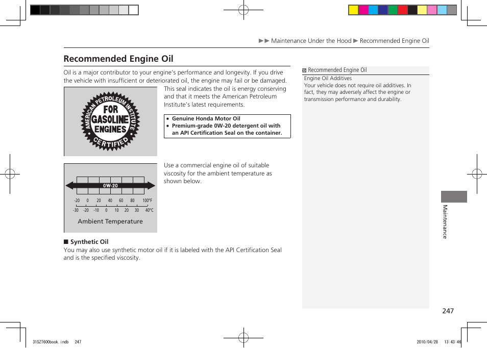 Recommended engine oil, 2011 cr-z | HONDA 2011 CR-Z User Manual | Page 248 / 332
