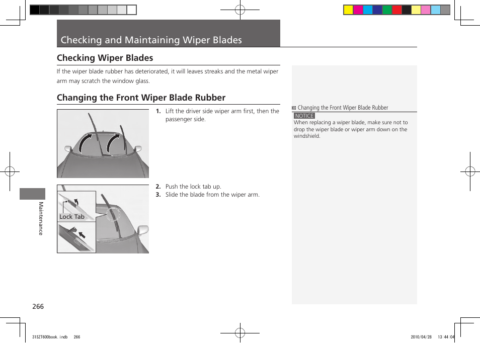P.266, Checking and maintaining wiper blades, Checking wiper blades | Changing the front wiper blade rubber, 2011 cr-z | HONDA 2011 CR-Z User Manual | Page 267 / 332
