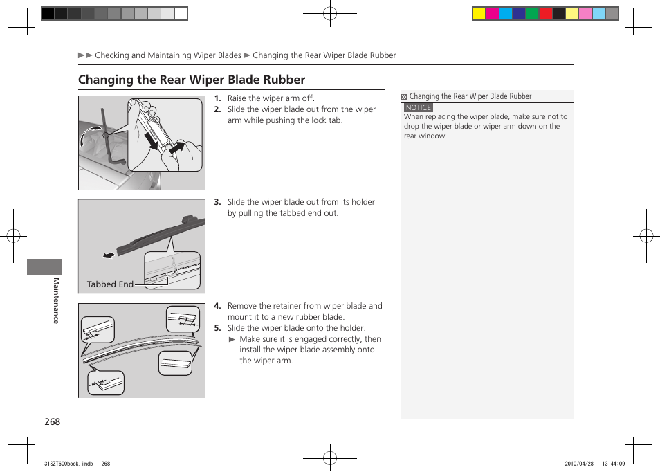 Changing the rear wiper blade rubber, 2011 cr-z | HONDA 2011 CR-Z User Manual | Page 269 / 332