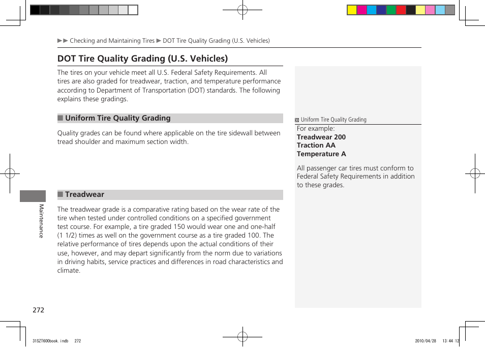Dot tire quality grading (u.s. vehicles) | HONDA 2011 CR-Z User Manual | Page 273 / 332