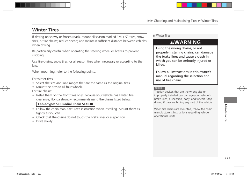 Warning, Winter tires, 2011 cr-z | HONDA 2011 CR-Z User Manual | Page 278 / 332