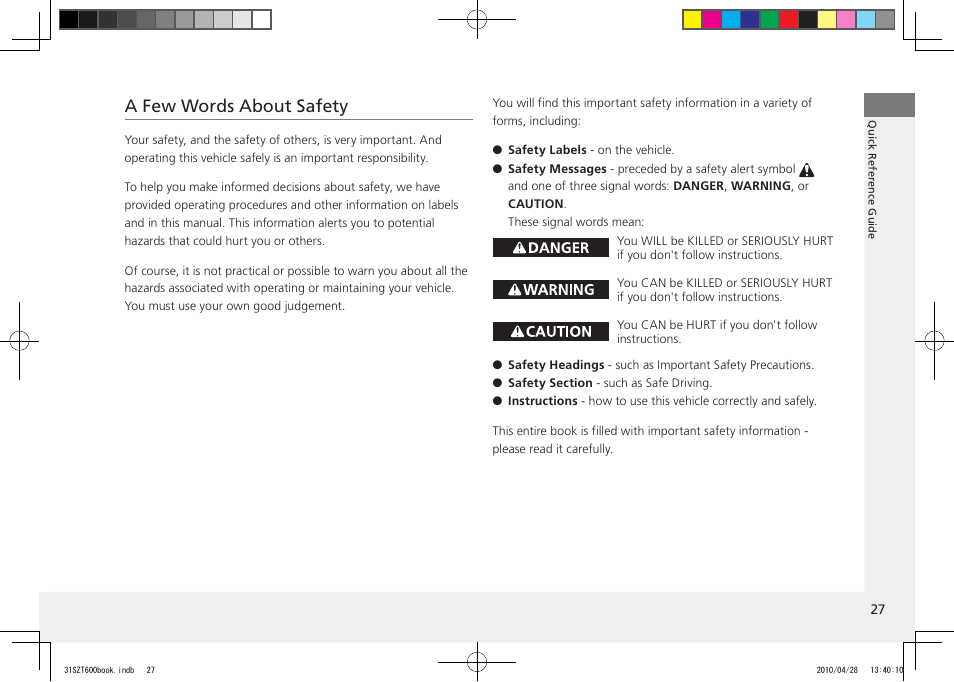 A few words about safety, 2011 cr-z | HONDA 2011 CR-Z User Manual | Page 28 / 332