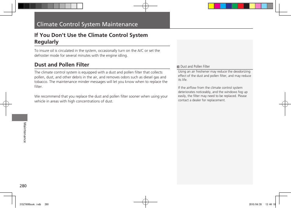 Climate control system maintenance, Dust and pollen filter | HONDA 2011 CR-Z User Manual | Page 281 / 332