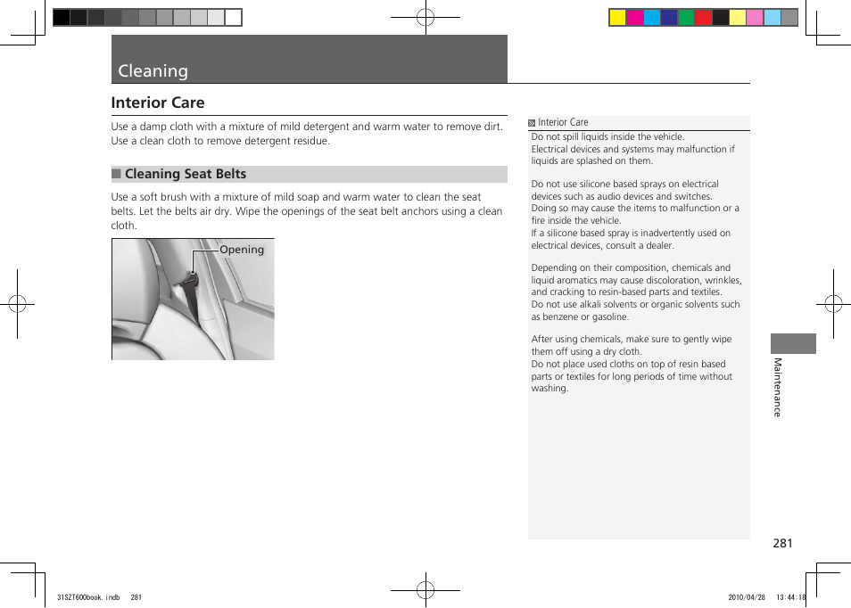 Cleaning, Interior care, 2011 cr-z | HONDA 2011 CR-Z User Manual | Page 282 / 332
