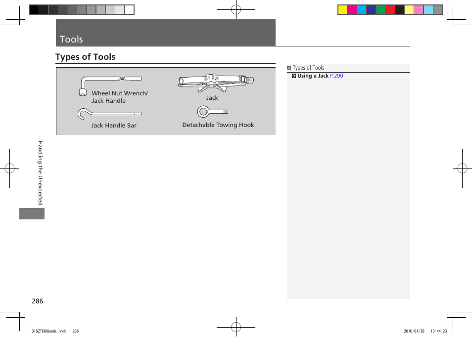 Tools, Types of tools, 2011 cr-z | HONDA 2011 CR-Z User Manual | Page 287 / 332