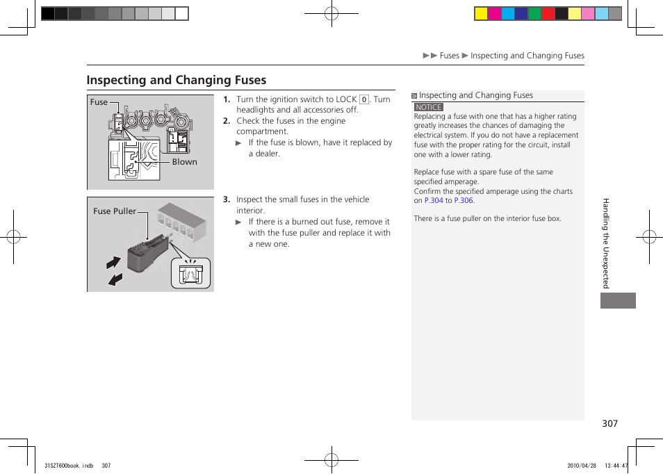 Inspecting and changing fuses, 2011 cr-z | HONDA 2011 CR-Z User Manual | Page 308 / 332