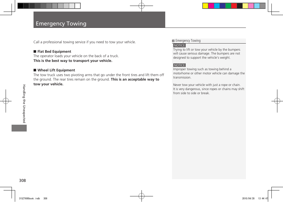 P.308, Emergency towing, 2011 cr-z | HONDA 2011 CR-Z User Manual | Page 309 / 332