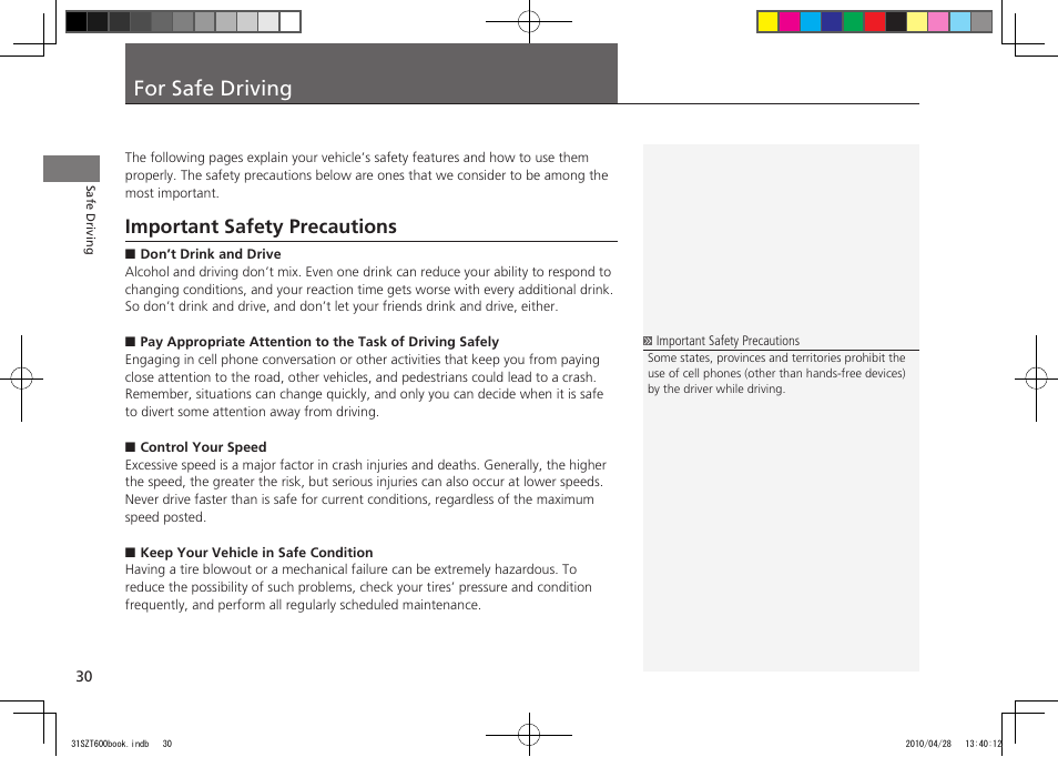 For safe driving, Important safety precautions, 2011 cr-z | HONDA 2011 CR-Z User Manual | Page 31 / 332