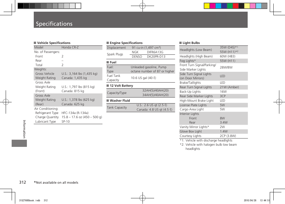 Specifications, 2011 cr-z | HONDA 2011 CR-Z User Manual | Page 313 / 332