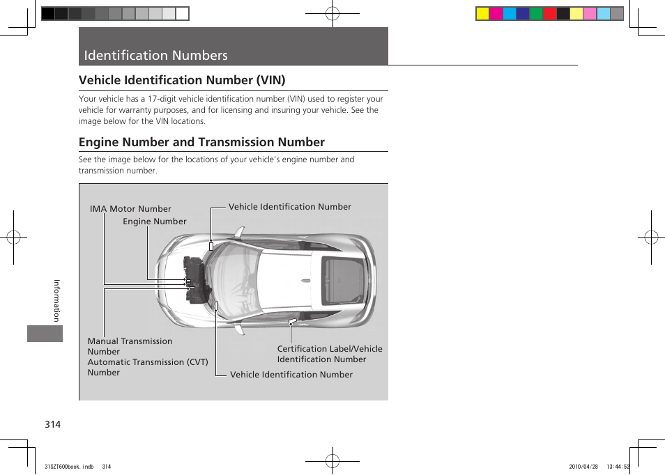 Identification numbers, Vehicle identification number (vin), Engine number and transmission number | HONDA 2011 CR-Z User Manual | Page 315 / 332