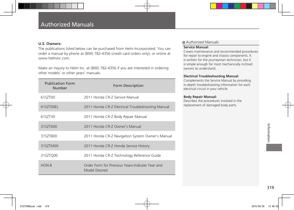 Authorized manuals, P.319, 2011 cr-z | HONDA 2011 CR-Z User Manual | Page 320 / 332