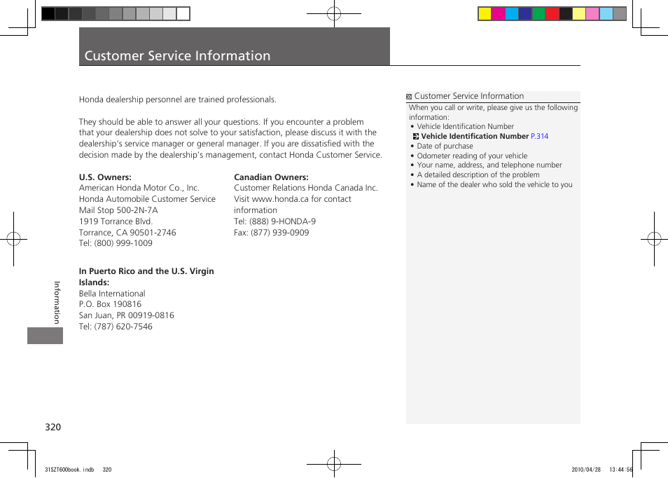 Customer service information, 2011 cr-z | HONDA 2011 CR-Z User Manual | Page 321 / 332