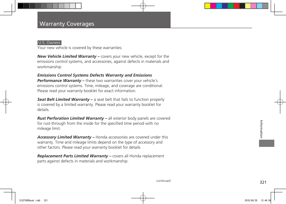 Warranty coverages, 2011 cr-z | HONDA 2011 CR-Z User Manual | Page 322 / 332