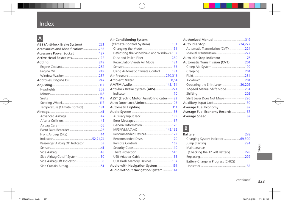 Index, 2011 cr-z | HONDA 2011 CR-Z User Manual | Page 324 / 332