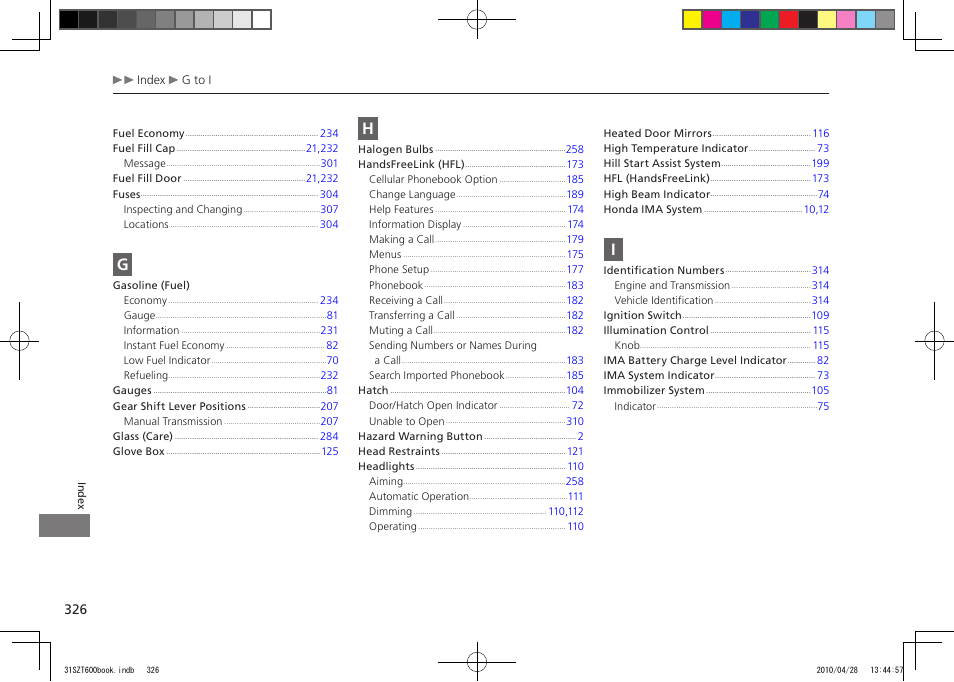 2011 cr-z | HONDA 2011 CR-Z User Manual | Page 327 / 332