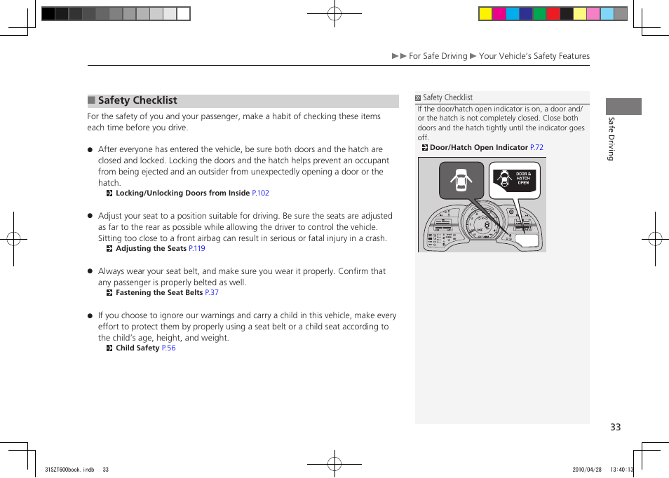 2011 cr-z, Safety checklist | HONDA 2011 CR-Z User Manual | Page 34 / 332