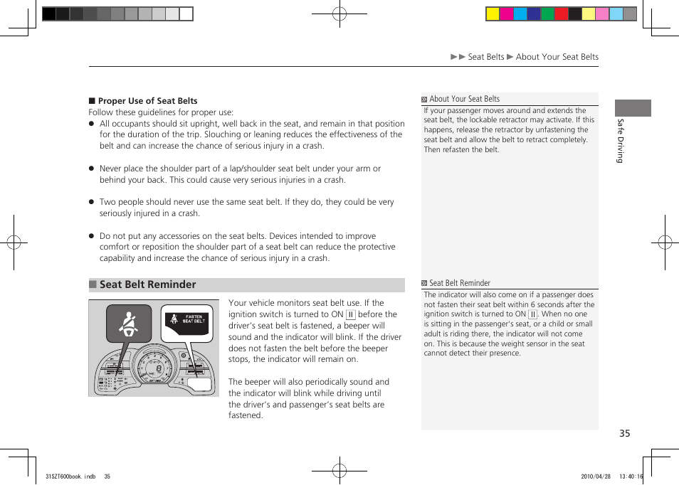 2011 cr-z, Seat belt reminder | HONDA 2011 CR-Z User Manual | Page 36 / 332