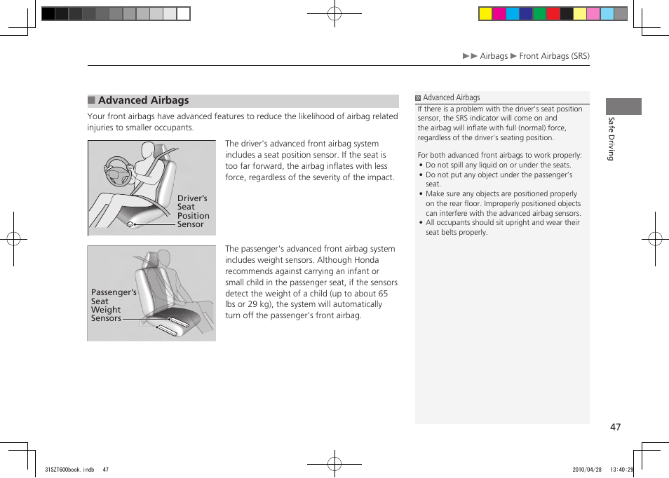 2011 cr-z, Advanced airbags | HONDA 2011 CR-Z User Manual | Page 48 / 332
