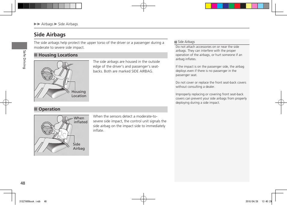 P.48, Side airbags, 2011 cr-z | HONDA 2011 CR-Z User Manual | Page 49 / 332