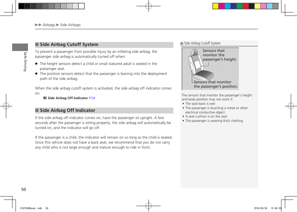 2011 cr-z, Side airbag cutoff system, Side airbag off indicator | HONDA 2011 CR-Z User Manual | Page 51 / 332